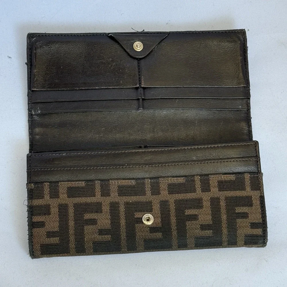 Fendi Zucca Continental Long Wallet Black Brown Canvas Gold‎ Tone Buckle